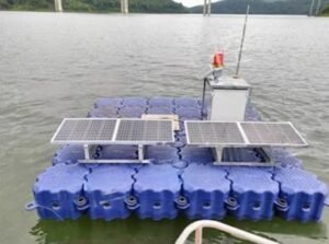 Various materials are secured to the floating pontoon platform.