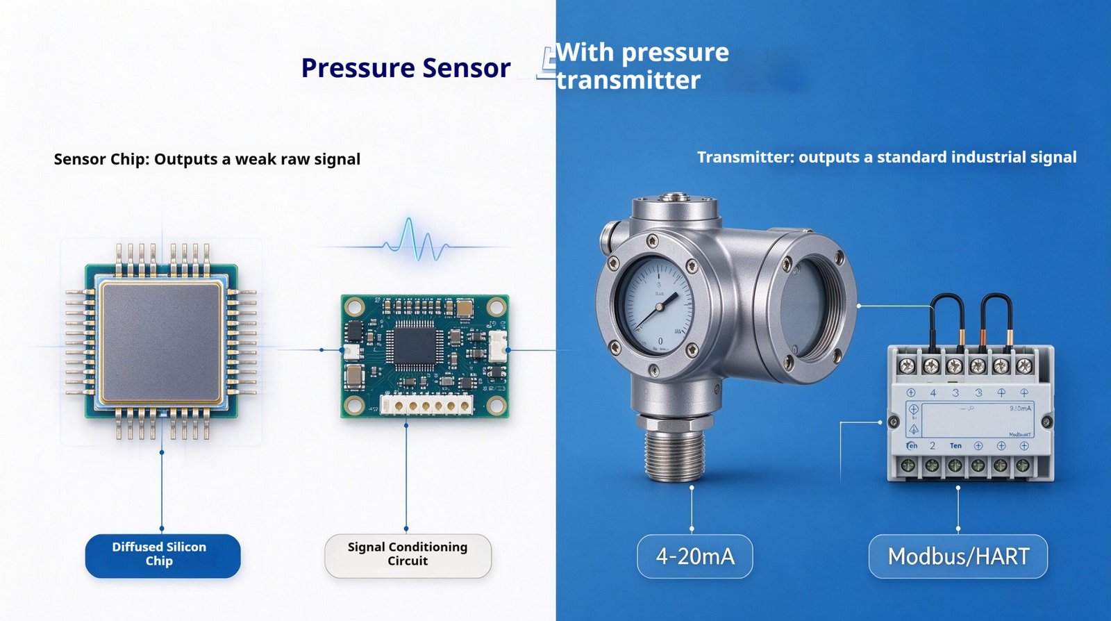 Pressure sensor vs pressure transmitter comparison diagram